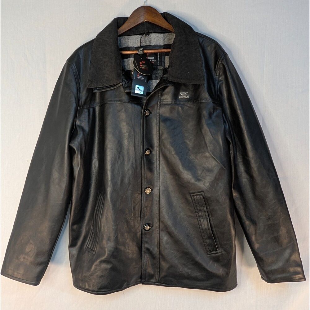 R Rosso Black & Gold Leather Jacket Mens Med. NWT Made In Italy Plaid Lined Coat